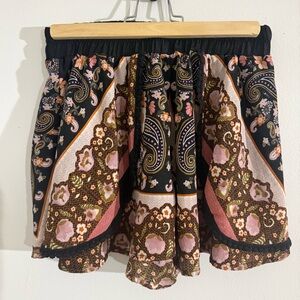 Band of Gypsies Black Floral Paisley Skater Skirt with Pink and Brown